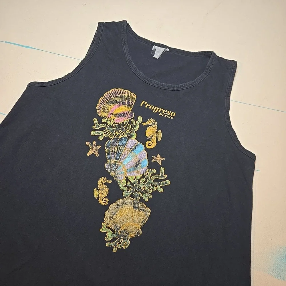 VTG Progresso Mexico Seashell Tank Dress Black Sleeveless Graphic Women M‎ 90s